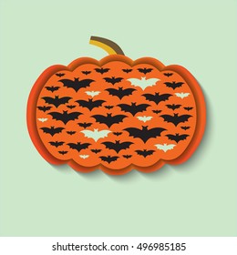 Pumpkin with bats on light blue background. Illustration in flat style
