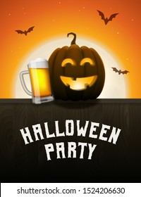 Pumpkin beer halloween party poster. Drunk Jack-o-lantern with beer mug. Scary background with moon and flying bats at night. Vector greeting card or invitation to a party