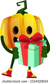Pumpkin with birthday present, illustration, vector on white background.