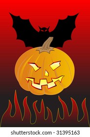 Pumpkin and black bat for halloween on fire background