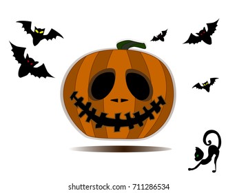 Pumpkin black cat and bats on the white background