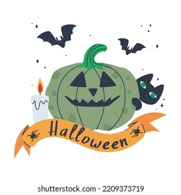 Pumpkin with a black cat and a candle on a white background. Halloween theme concept.  Set of items for postcard design. Flat vector illustration. Eps10