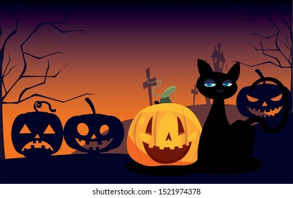 pumpkin with black cat in scene of halloween vector illustration design