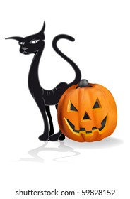 Pumpkin and black cat vector drawing halloween