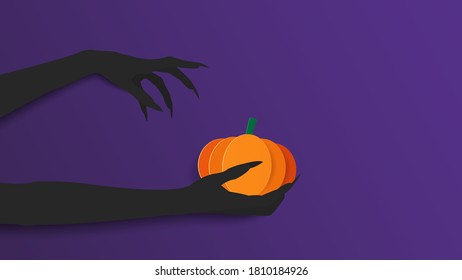 Calabaza en las manos negras del diablo con fondo para decoraciones de Halloween, Vector de ilustración plana