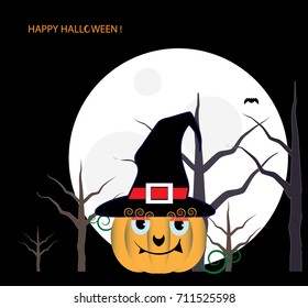 Pumpkin in black hat sitting in forest at night on Halloween