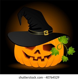 pumpkin is in the black hat of witch on a  background