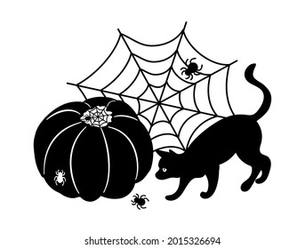 Pumpkin, black koi and spider in the web. Halloween stencil for cutting.