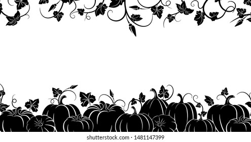 Pumpkin. Black silhouette. Horizontal border. Set of silhouettes of different pumpkins. Isolated silhouette vegetable,  leaves, flower and seeds. Vector illustration 