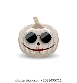 Pumpkin in black sunglasses on white background. The main symbol of the holiday Happy Halloween. Hipster white pumpkin with smile for the holiday Halloween. Vector illustration.