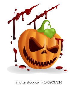 Pumpkin and blood. Jack o'lantern isolated on white background. Ghost or demonic face. Vector cartoon illustration.

