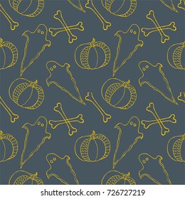 Pumpkin and bones seamless pattern. Cute fun halloween background with ghosts . Good print for 31 october. Autumn harvest unusual design for textile, wallpaper, wrapping, covers, bannners, posters.