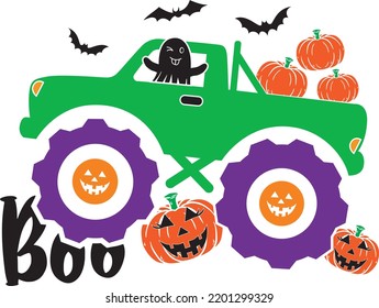 Pumpkin Boo Monster Truck, Halloween Truck, Happy Halloween, Vector Illustration File