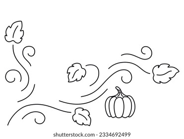 Pumpkin border or corner with leaves and vines isolated on white background. Line art style. Universal pumpkin image for  harvest festival, frame, card, Halloween decoration.   Vector illustration.