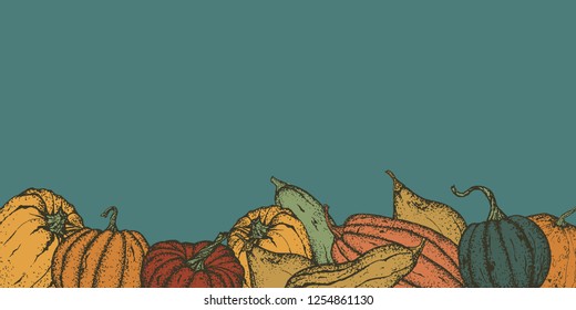Pumpkin border on teal background. Colorful outline pumpkins. Autumn hand drawn elements in rustic vintage color palette.