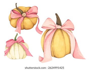 pumpkin bow watercolor coquette style illustration with pastel pink ribbon perfect for fall halloween and aesthetic seasonal decor