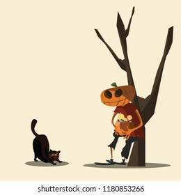 pumpkin boy and black cat vector illustration 