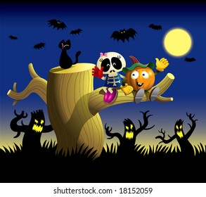 Pumpkin Boy and Skeleton Girl sitting on top of the tree at the garden of evil tree.