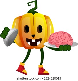Pumpkin with brain, illustration, vector on white background.