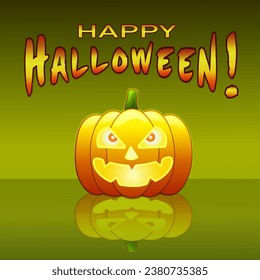 The pumpkin is bright orange in a cartoon style with an outline, glowing eyes and a mouth with the inscription HAPPY HALLOWEEN on a green square background. Autumn, October. Vector illustration.