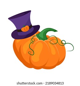 Pumpkin. A bright orange pumpkin in a purple hat. Halloween pumpkin illustration