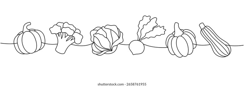 Calabaza, brócoli, repollo, nabo fresco, calabacín, una línea de dibujo continuo. Verduras orgánicas frescas. Ilustración vectorial