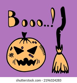 Calabaza y escoba con letras de Booo, vector de garabato de halloween