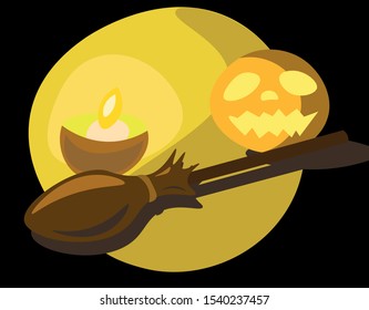 Pumpkin, broom and candle in a pumpkin are in a circle of light, deep shadows, Halloween still life