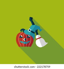 pumpkin and broom flat icon with long shadow,eps10