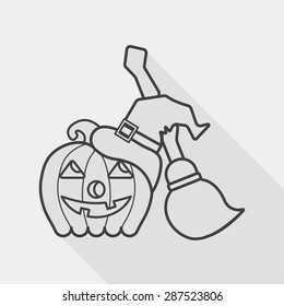 pumpkin and broom flat icon with long shadow, line icon