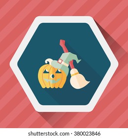 pumpkin and broom flat icon with long shadow,eps10