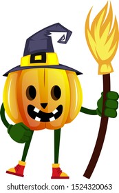 Pumpkin with broom, illustration, vector on white background.
