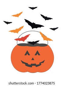 Pumpkin bucket with bats illustration. Vector hand drawn halloween sticker for print design