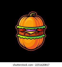 Pumpkin Burger Vector Art Illustration on Isolated Object. Pumpkin shaped burger vector logo concept.