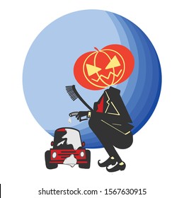 pumpkin bussines, car was ilustration, with blue moon background