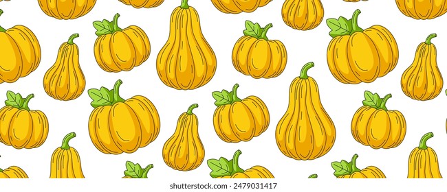 Pumpkin and butternut squash, vegetables seamless pattern, isolated white background. Veggies colorful vector icons set, horizontal banner. For cover, wrapping paper, textile print