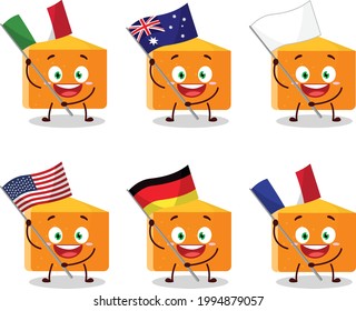 Pumpkin cake cartoon character bring the flags of various countries. Vector illustration