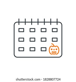 Calabaza con calendario, calendario de Halloween línea delgada e ilustración de icono de glifo. Aislado sobre fondo blanco
