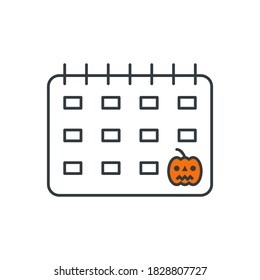 Pumpkin with calendar, Halloween calendar thin line and glyph icon illustration. Isolated on white background