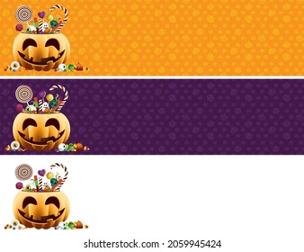 PUMPKIN WITH CANDIES AND BACKGROUND OF PUMPKINS HEADS IN THREE DIFFERENT COLORS