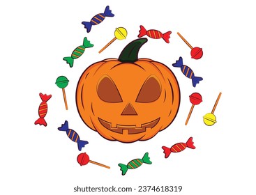 Pumpkin with candies clipart vector design on white background. Happy Halloween