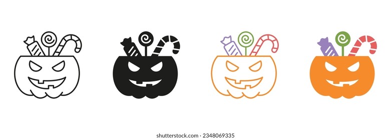 Pumpkin with Candies Line and Silhouette Icon Set. Halloween Basket for Sweet Candy Black and Color Symbol Collection. Treat or Trick Halloween Pumpkin Bucket Pictogram. Isolated Vector Illustration.