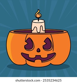 Pumpkin candle holder with a glowing candle inside, Vector