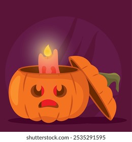 Pumpkin with candle inside and scary expression, Vector