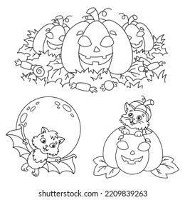 Pumpkin, candy, bat, cat. Halloween theme. Coloring book page for kids. Cartoon style. Vector illustration isolated on white background.