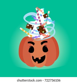 Pumpkin With Candy Sweets Treat Or Trick Banner Happy Halloween Symbol Greeting Card Flat Vector Illustration