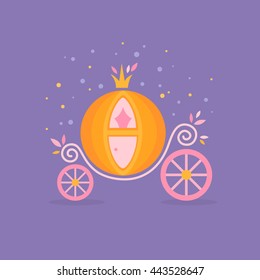 Pumpkin carriage for Cinderella, cartoon fairy-tale flat illustration isolated with decorative ornate elements