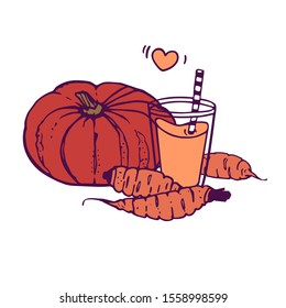pumpkin and carrot juice or smoothie with a whole pumpkin and 3 carrots. hand-drawn in cartoon style, colored artwork isolated on white background,  in vector.