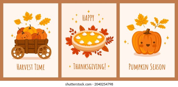 Pumpkin cart, pie, fallen leaves. Seasonal postcard, poster, print. Harvest time, happy thanksgiving, pumpkin season greeting card, invitation. Vector hand drawn illustrations.