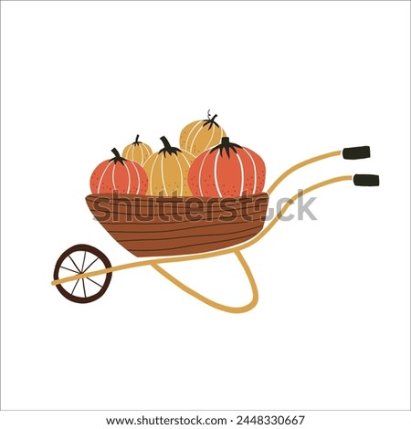 Pumpkin cart vector clipart. Cute hand drawn cart with pumkins illustration. For thematic designs, stickers, patterns. Autumn vintage Thanksgiving illustration isolated on white background